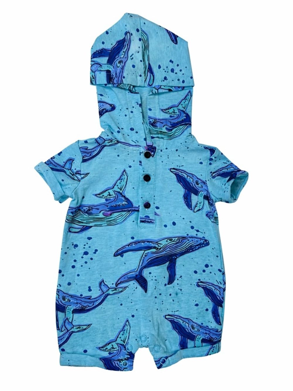 Andy & Evan Blue Whale baby Romper 0-3 M Blue Hooded Short Sleeve Summer Outfit